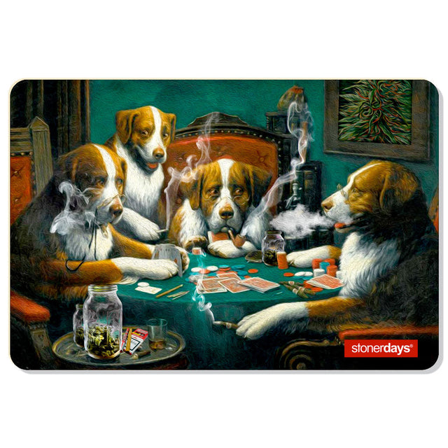 StonerDays Poker Night Dab Mat featuring dogs playing cards, 12" x 8" polyester pad