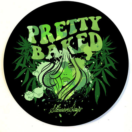 StonerDays Pretty Baked circular dab mat with vibrant green cannabis design, top view