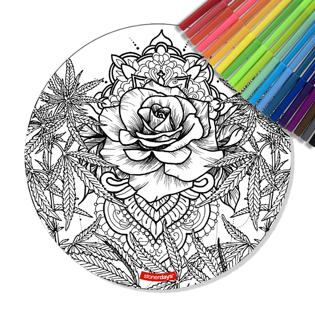 StonerDays Roses Are Green 8" Creativity Mat with colorful markers, top view on white background
