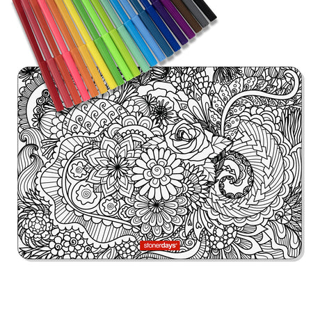 StonerDays Sea of Flowers Creativity Mat with colorful markers, top view, ideal for concentrates