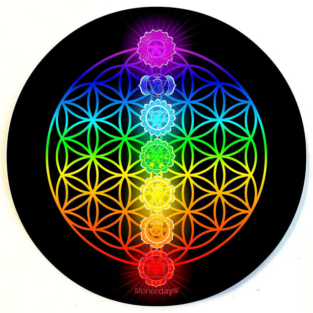 StonerDays Seven Chakras Dab Mat with vibrant UV reactive color spectrum, 8" diameter, top view