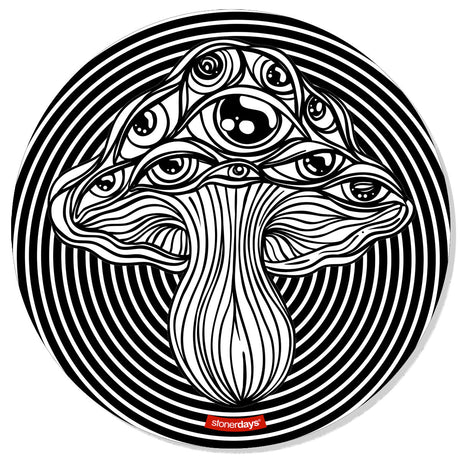 StonerDays Shroomy Eyes 8" Creativity Mat, black and white psychedelic mushroom design, for dab rigs