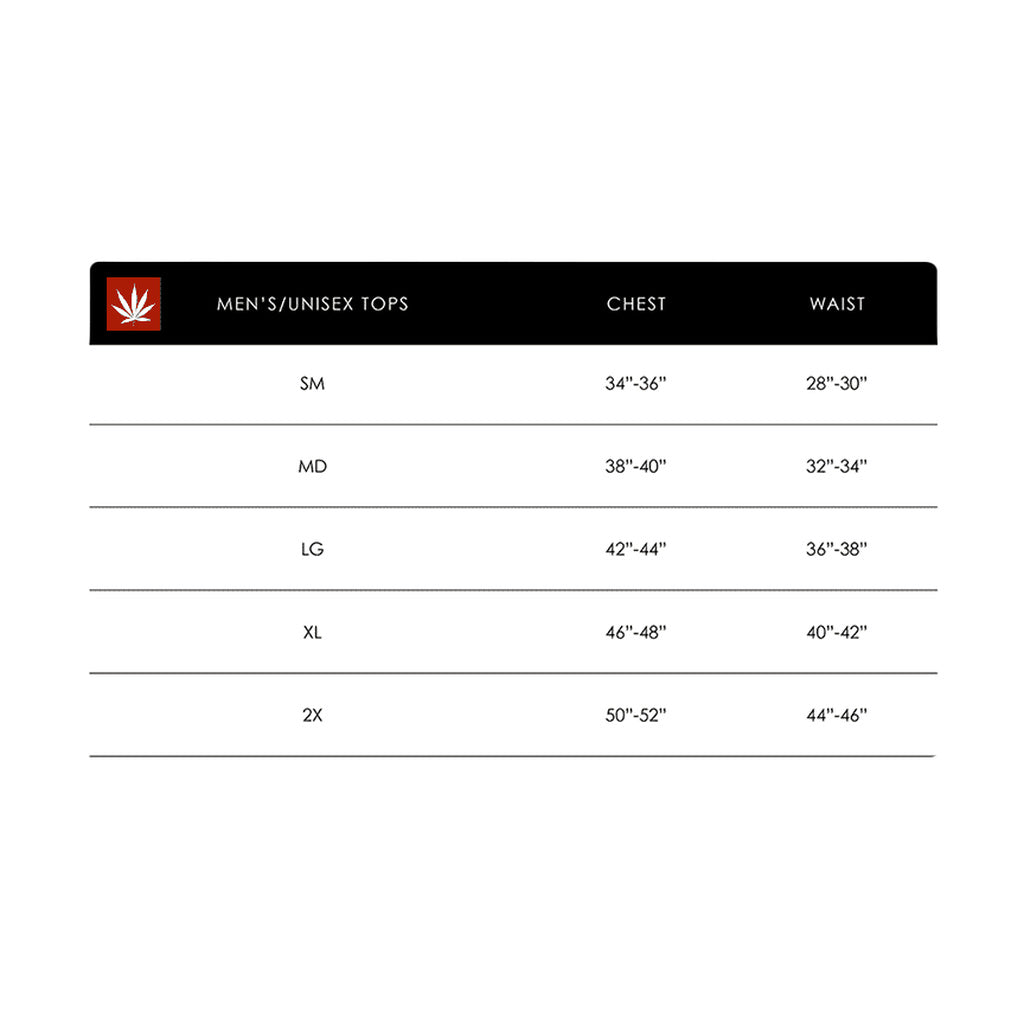 StonerDays Smoke Meowt Hemp Tee sizing chart showing various unisex top sizes