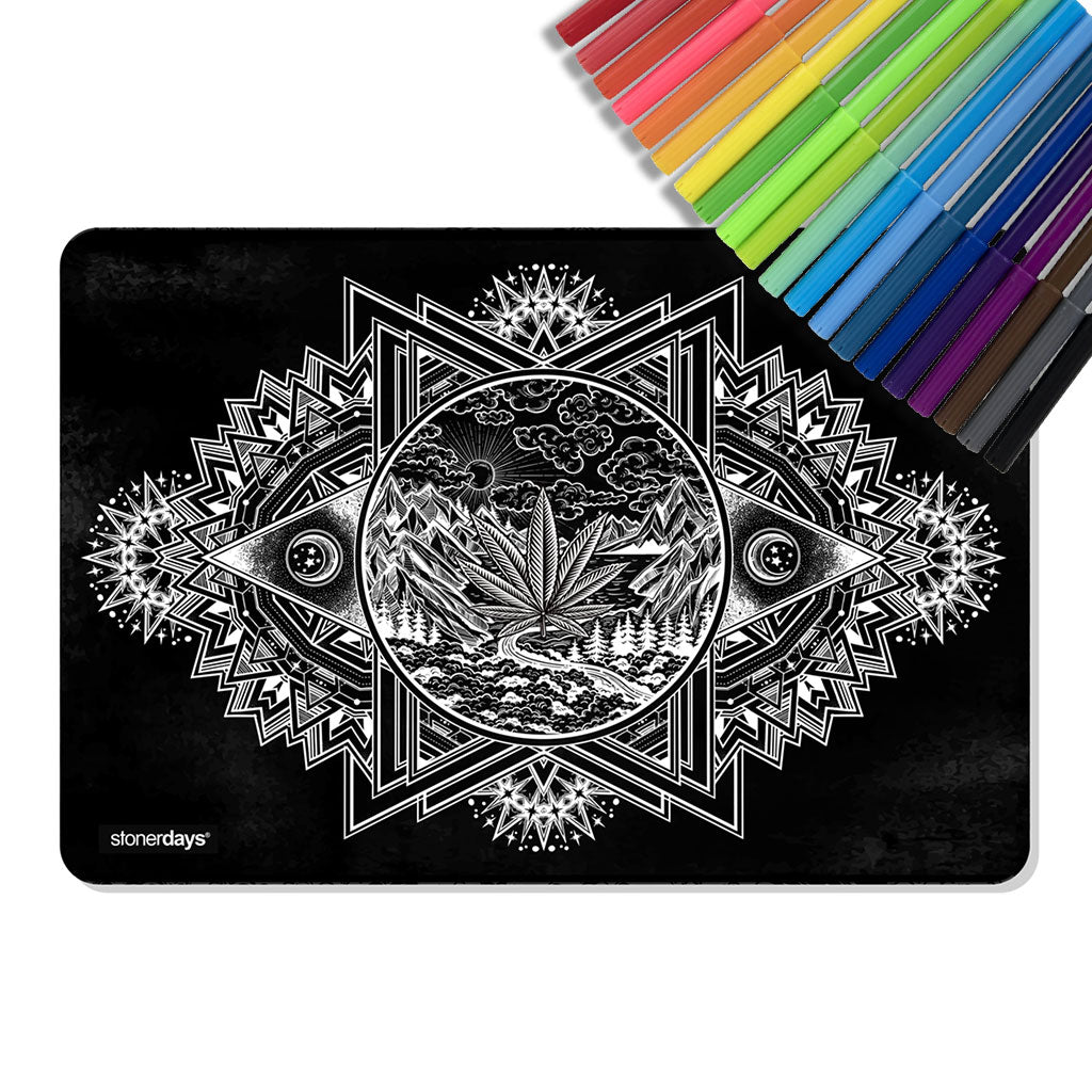 StonerDays Solar Plexus 8" Creativity Mat, black with intricate white designs, for dab rigs