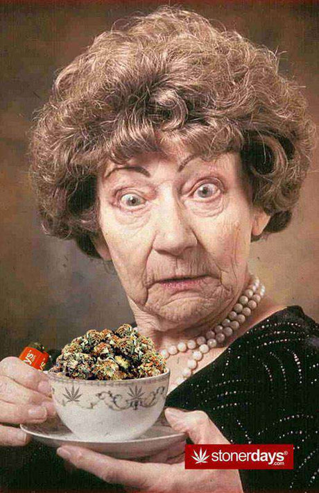 StonerDays hemp card featuring a humorous image of a surprised elderly lady with a bowl of 'weed'