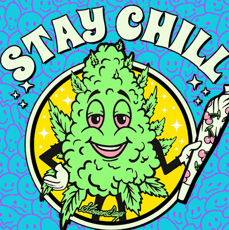 StonerDays Stay Chill polyester dab mat with rubber base, 12x8 inches, featuring a smiling cannabis leaf design
