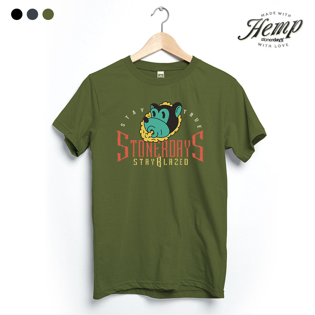 StonerDays Stay True Bear Hemp Tee in Herb Green, front view on hanger