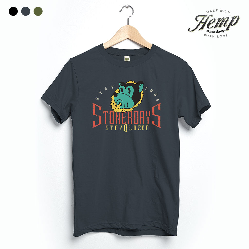 StonerDays Stay True Bear graphic hemp tee in smoke grey, front view on hanger