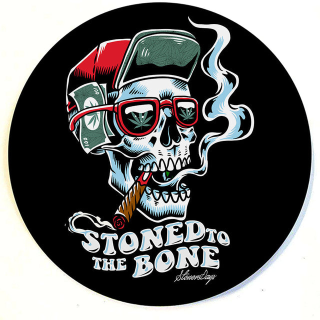 StonerDays 'Stoned To The Bone' round dab mat with skull design, 8" diameter, polyester and silicone