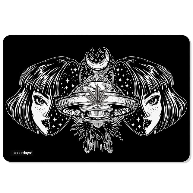 StonerDays silicone dab mat with cosmic design, featuring alien and cannabis leaf, 1/4" thick