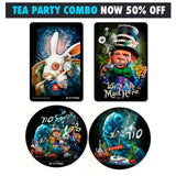 StonerDays Tea Party Combo Dab Mat Pack featuring vibrant Alice in Wonderland designs, front view.