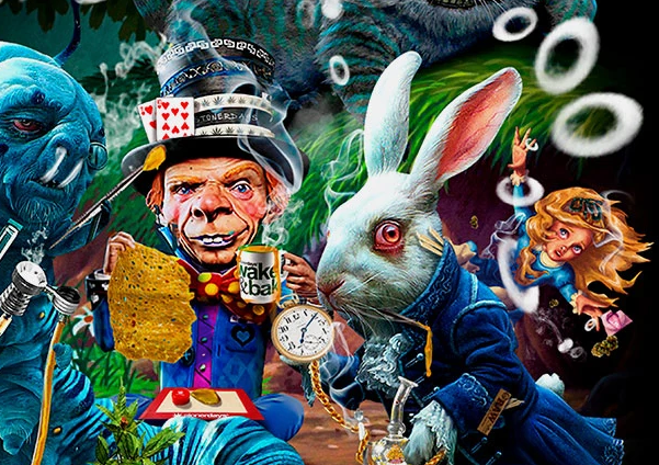 StonerDays Tea Party Dab Mat featuring vibrant Alice in Wonderland graphics, 8" round, non-slip rubber base.