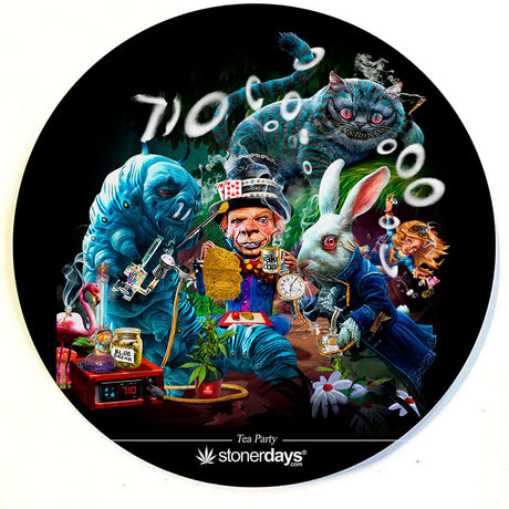 StonerDays Tea Party Dab Mat with vibrant Alice in Wonderland theme, 8" diameter, front view