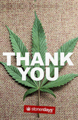 StonerDays Hemp Thank You Cards featuring a cannabis leaf design, 8.5" x 5.5" size, ideal for novelty gifts