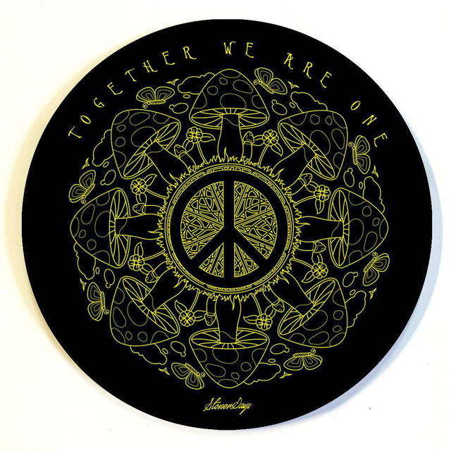 StonerDays 8" Dab Mat with psychedelic yellow design, 'Together We Are One', on black background