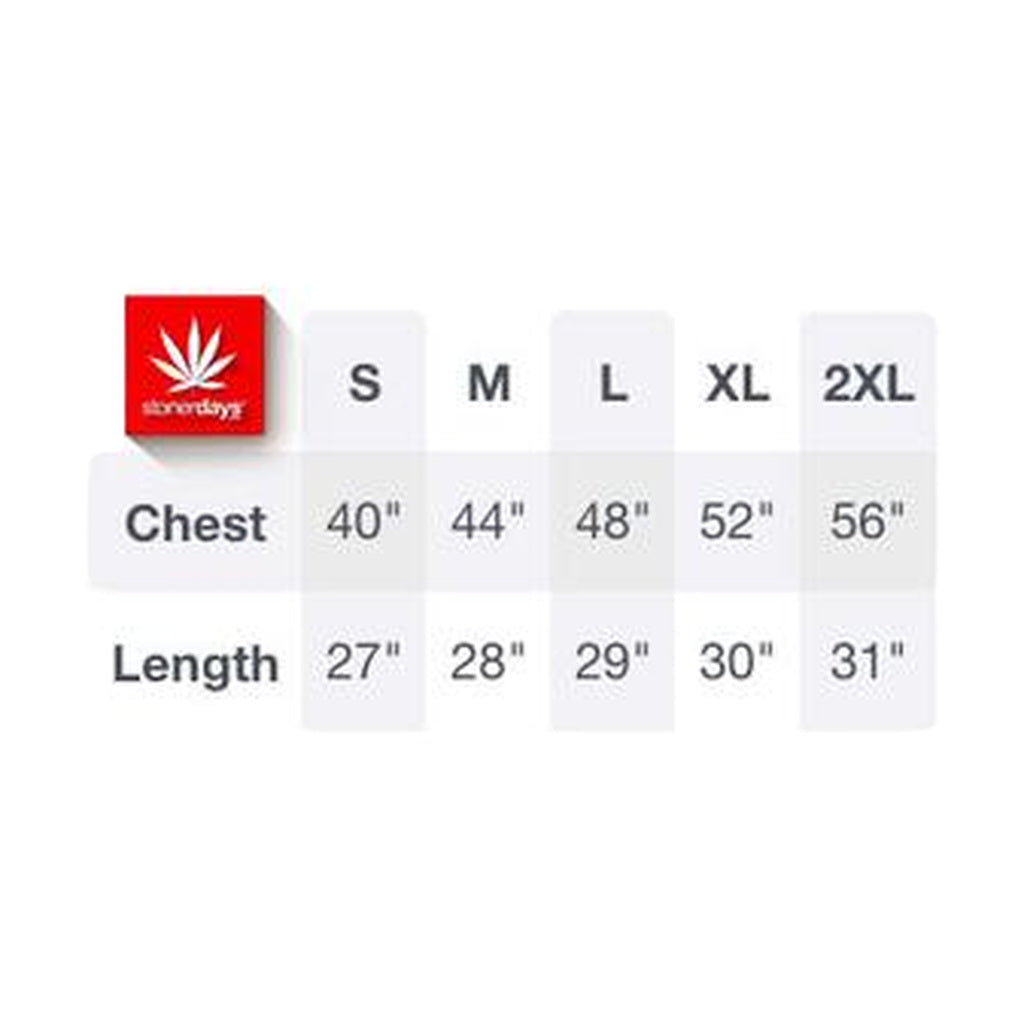 StonerDays Tree In A Jar Hoodie sizing chart showing sizes from Small to 2X Large