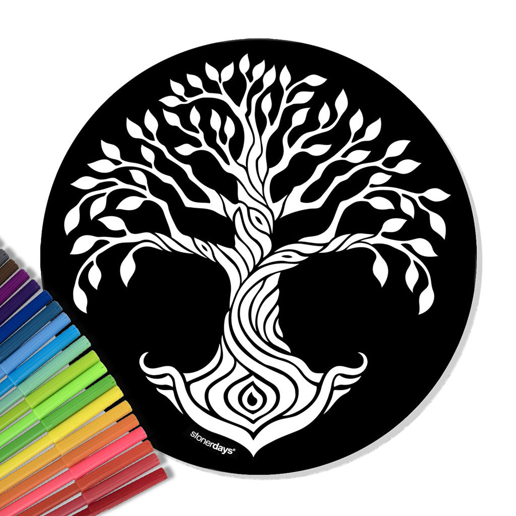StonerDays Tree Of Life Creativity Mat in black with white design, 12" x 8" silicone, top view