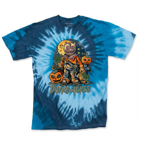 StonerDays Trick Or Tokes Men's Tie Dye T-Shirt in Blue, Front View on White Background