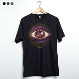 StonerDays Trippin Ball-z Hemp Tee in Caviar Black featuring a vibrant psychedelic eye design, front view on hanger