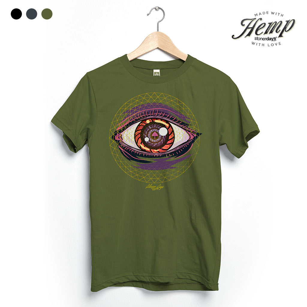 StonerDays Trippin Ball-z Hemp Tee in Herb Green with Psychedelic Eye Design, Front View