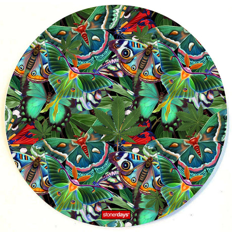 StonerDays 8" Trippy Butterflies Dab Mat with vibrant green psychedelic design, made of polyester and silicone.