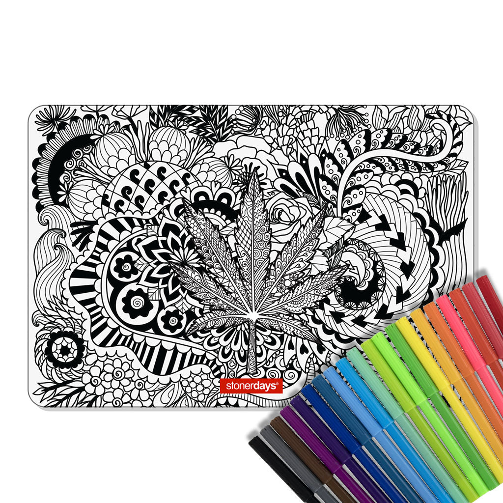 StonerDays Trippy Dreams Creativity Mat with vibrant markers, top view, for dab rig customization