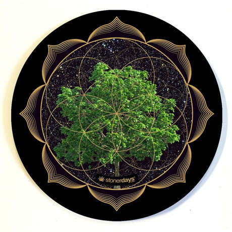 StonerDays Trippy Trees Dab Mat with gold and yellow cosmic design, 8" diameter silicone