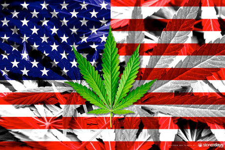 StonerDays USA flag-themed dab mat with central cannabis leaf, polyester with rubber backing, 1/4" thick