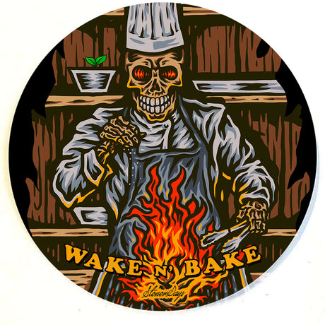 StonerDays Wake N Bake 8" Round Dab Mat with vibrant chef skeleton design, top view
