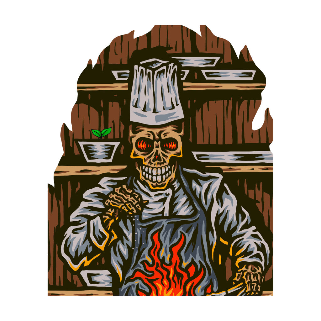 StonerDays Wake N Bake White Tee graphic with skull chef over fire, cotton material