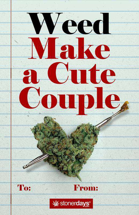 StonerDays Hemp Card with 'Weed Make A Cute Couple' text, red accents, 8.5" x 5.5" size, novelty gift