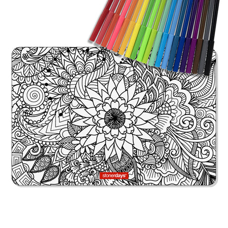 StonerDays White Lotus Creativity Mat with colorful markers, 8" silicone rubber, top view