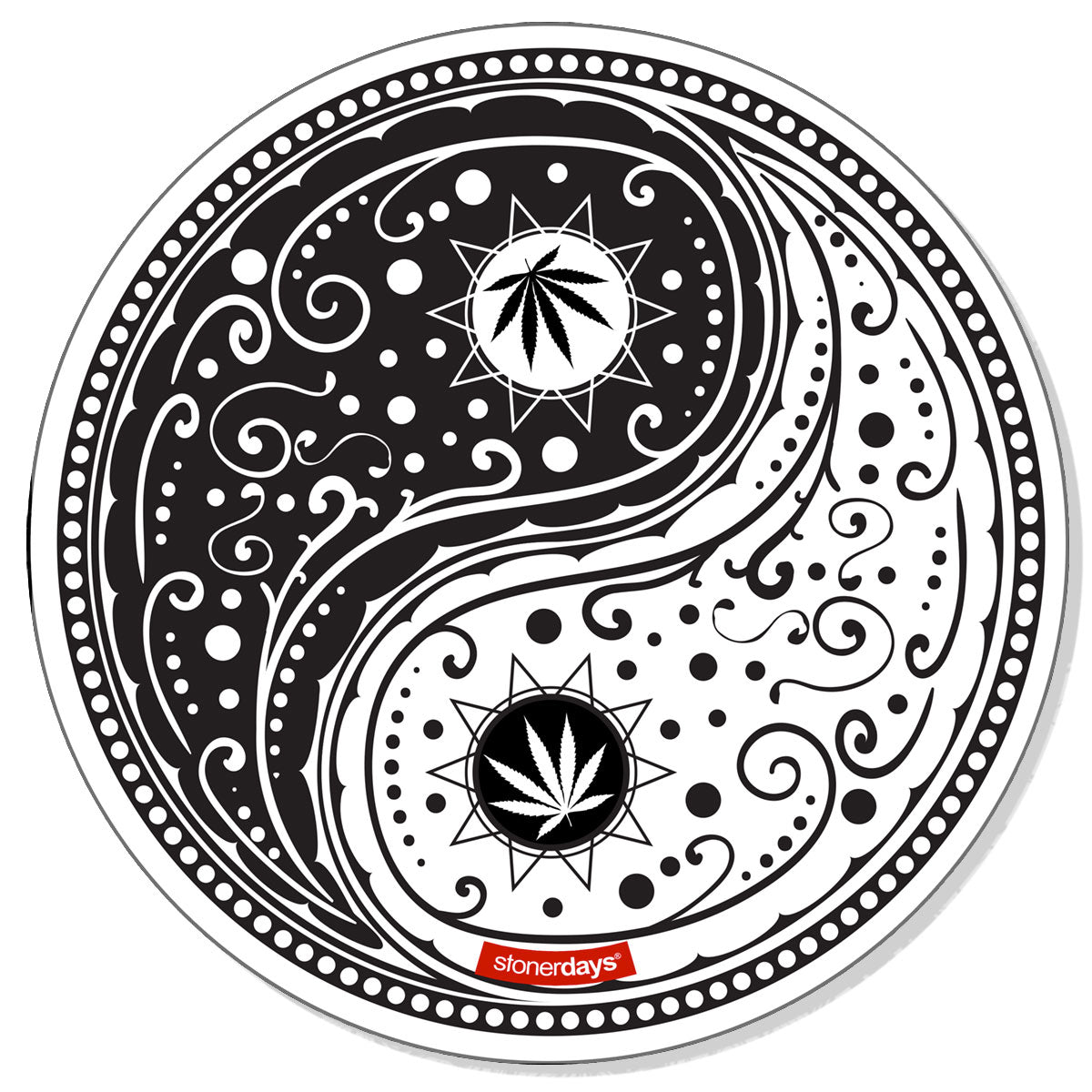 StonerDays Yin Yang Creativity Mat, 8" Diameter, Black & White Design with Cannabis Leaf Motif