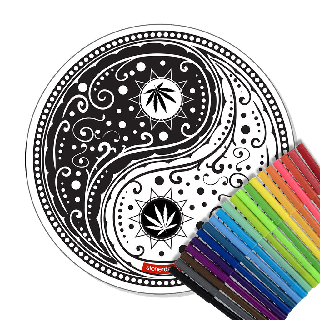 StonerDays Yin Yang Creativity Mat with colorful markers, top view, for dab rig customization