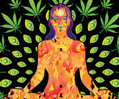 StonerDays Yogini Fire Dab Mat featuring vibrant yoga-inspired design, green leaf patterns, 8" size, front view