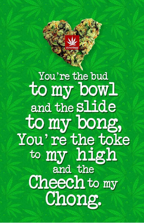 StonerDays Hemp Card with Cheech & Chong tribute, green leafy background, 5.5" x 8.5" size