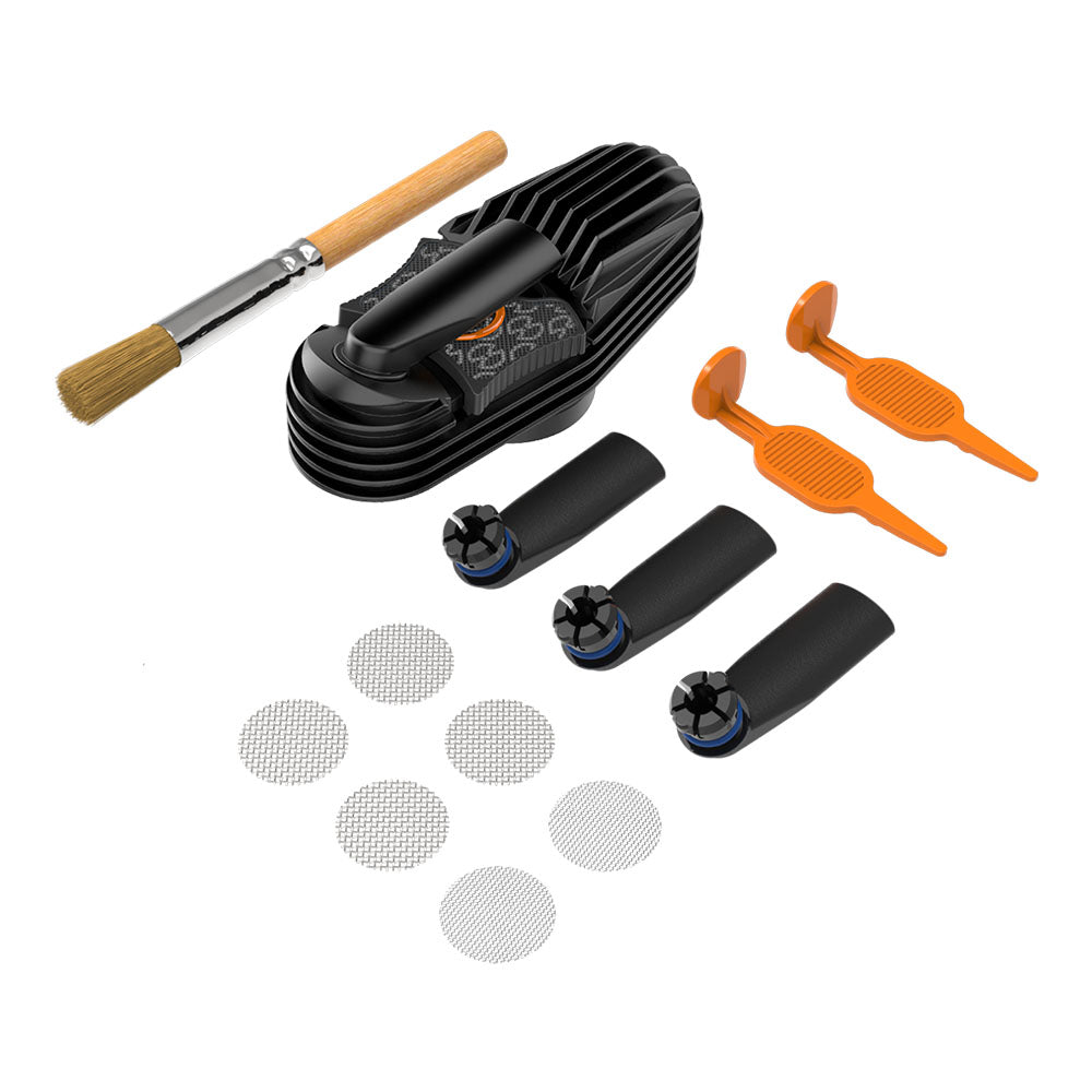 Storz & Bickel Mighty Wear & Tear Set with brushes, screens, and mouthpieces on white