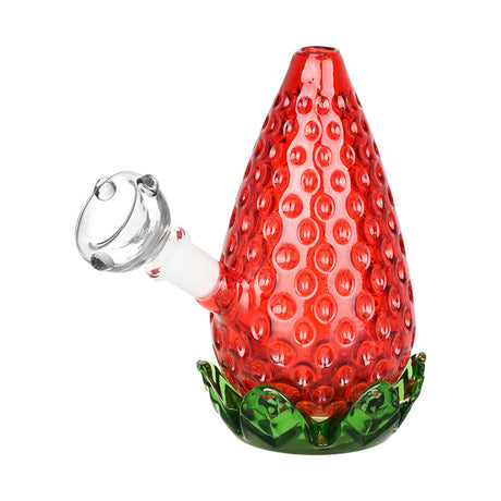 Strawberry-themed borosilicate glass bubbler with 10mm female joint, front view on white background