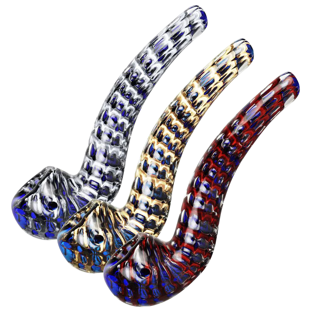 Two-tone striated glass pipes with bubbly design, heavy wall, for dry herbs, angled view