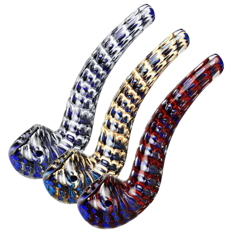 Two-tone striated glass pipes with bubbly design, heavy wall, for dry herbs, angled view