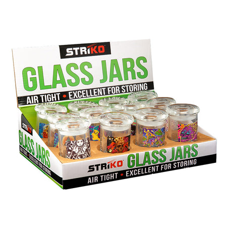 Striko Glass Jars 12-pack in assorted colors, front view, airtight design perfect for dry herb storage