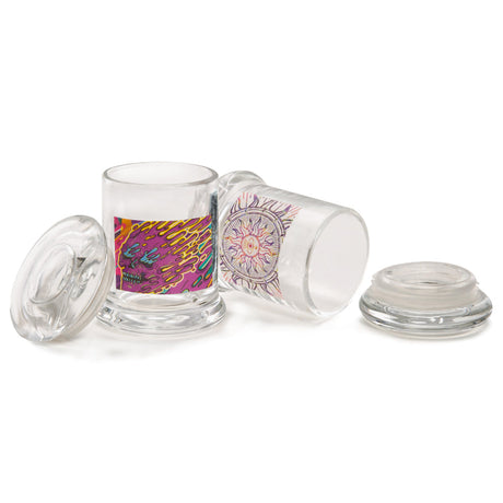 Striko Glass Jars 12 Pack, assorted psychedelic & clear designs, compact with closable lids