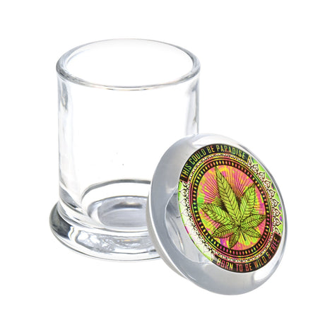 Striko Glass Jar 3" with vibrant 420-inspired design on lid, durable borosilicate, front view