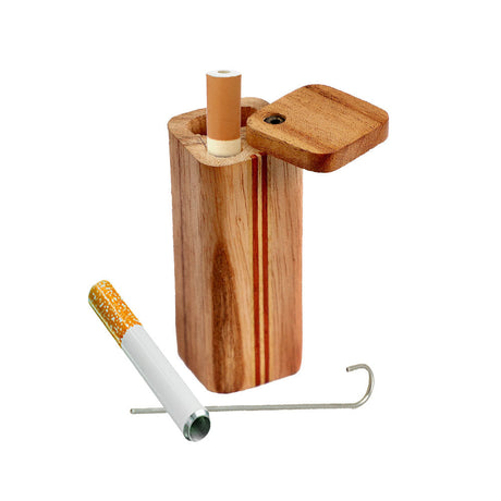 Striped Square Wood Dugout with Poker, 3" Size, Portable Design for Dry Herbs, Front View