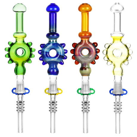 Colorful Studded Donut Dab Straws with Quartz Tips, front view on white background