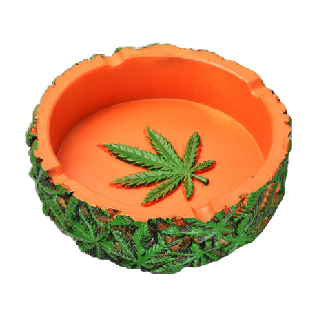 Round resin ashtray with hemp leaf design, 4.25" diameter, top view on white background