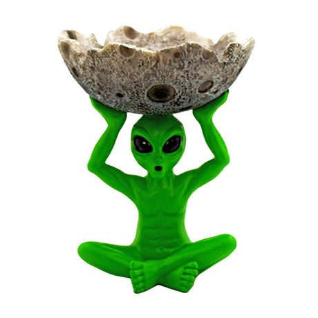 Polyresin Alien Figurine Holding a Moon-Shaped Ashtray, 5.5" Size, Front View