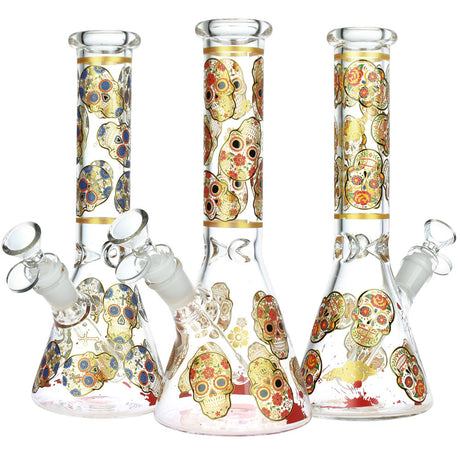 Assorted Sugar Skull Beaker Water Pipes with Borosilicate Glass - Front and Side Views