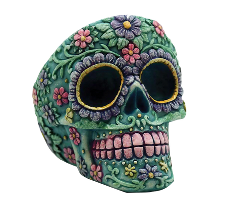 Blue Sugar Skull Polyresin Ashtray with Floral Design, Front View, 3.5" Size