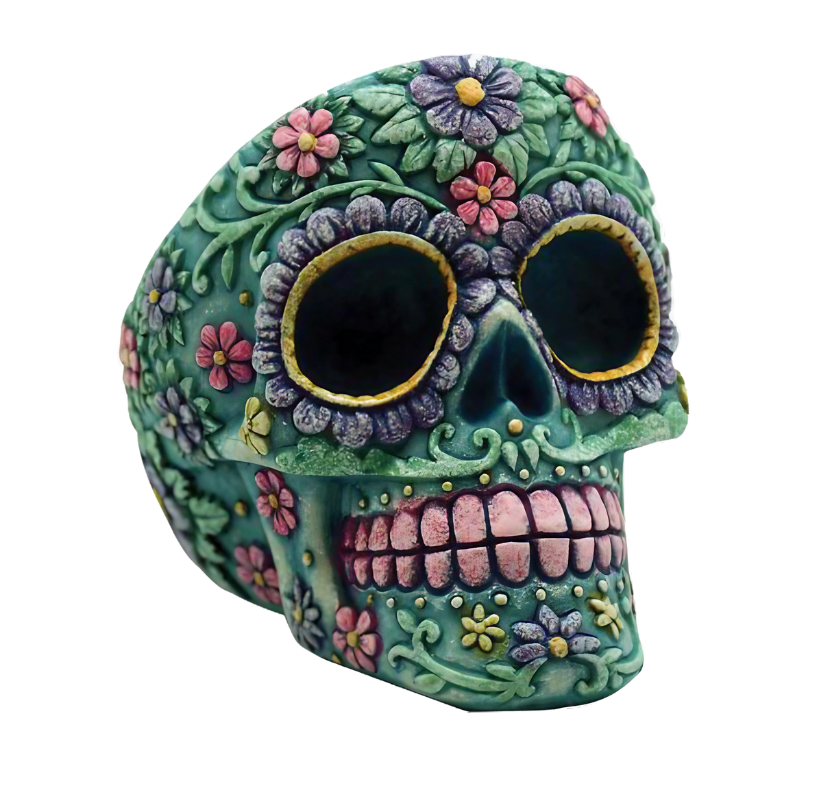 Blue Sugar Skull Polyresin Ashtray with Floral Design, Front View, 3.5" Size